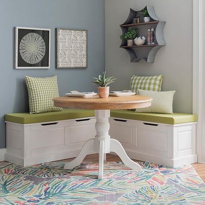 Linon Tobin Natural & White Dining Nook with Hidden Storage Spaces Includes Apple Green Cushion Set and Pillows
