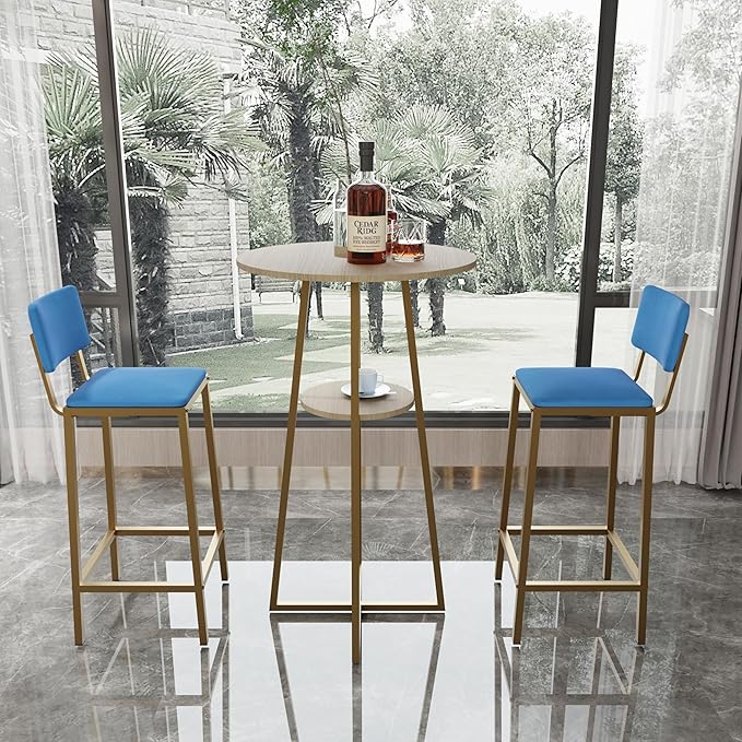 Bar Height Table and Chairs Set-3-Piece Frame Bar Table,Upholstered Chairs, Perfect as Kitchen Table, Kitchen Island Seating,Dining Table with Chairs (Gold+Blue,Gold+Brown)