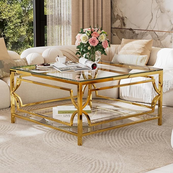 Harper & Bright Designs Square Glass Coffee Table in 33.5",Luxurious Geometric Metal Frame,Gold Finish & Lower Shelf