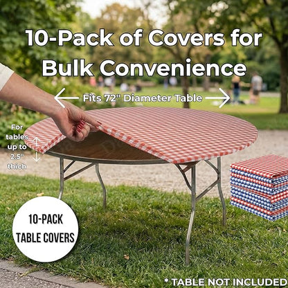 Kwik-Covers 10 Pack of Round Plastic Table Covers - 60" or 72" Round - Indoor or Outdoor Fitted Covers (Tables NOT Included) (Red Gingham & Blue Gingham, 72" Round)
