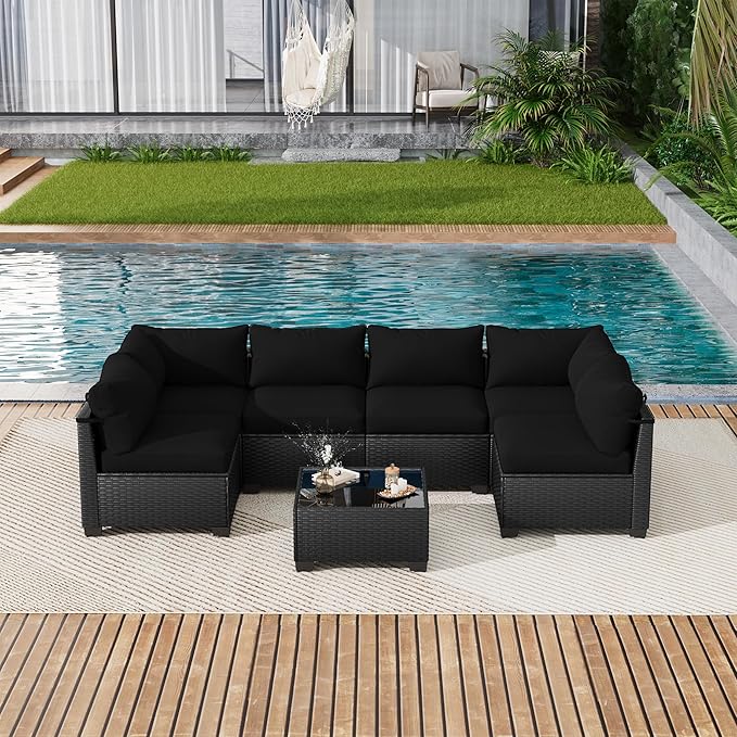 LOUVIXA 7 Piece Outdoor Patio Furniture Set, Outdoor Sectional Sofa, Wicker Rattan Patio Furniture, Patio Conversation Set with Coffee Table & Cushions
