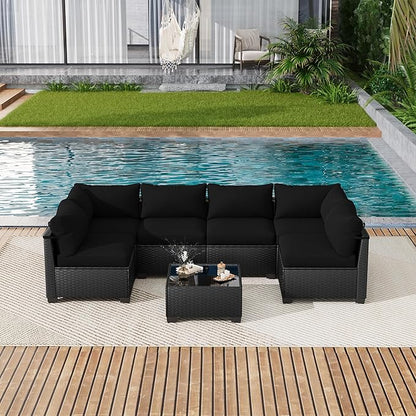 LOUVIXA 7 Piece Outdoor Patio Furniture Set, Outdoor Sectional Sofa, Wicker Rattan Patio Furniture, Patio Conversation Set with Coffee Table & Cushions