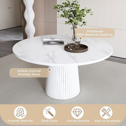 47" Round Marble Veneer Dining Table, Kitchen Table with Wood Strip Base, Dinner Tables with Stable Support for Kitchen & Living Room, White