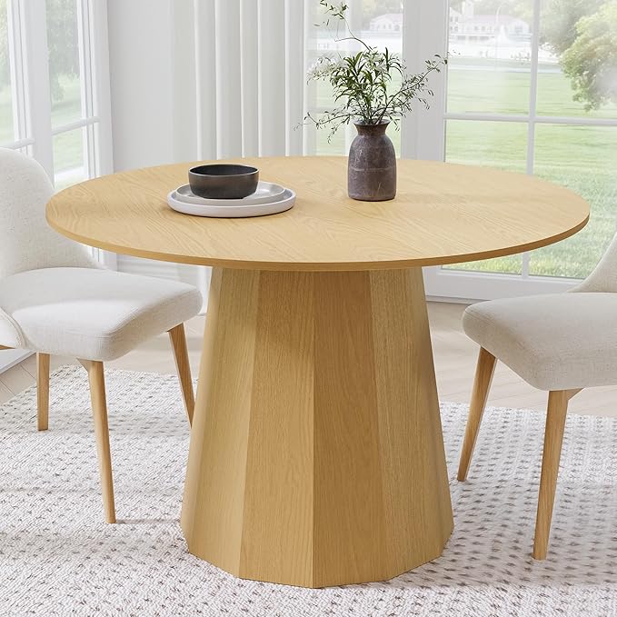 Casaphoria 46" Round Dining Table, Modern Wood Kitchen Table with Cone Shaped Strip Polygonal Base for Living Room & Dining Room, Easy Assembly Farmhouse Furniture for 4-6, Oak