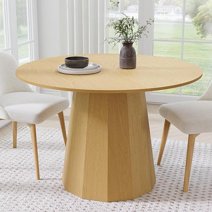 Casaphoria 46" Round Dining Table, Modern Wood Kitchen Table with Cone Shaped Strip Polygonal Base for Living Room & Dining Room, Easy Assembly Farmhouse Furniture for 4-6, Oak