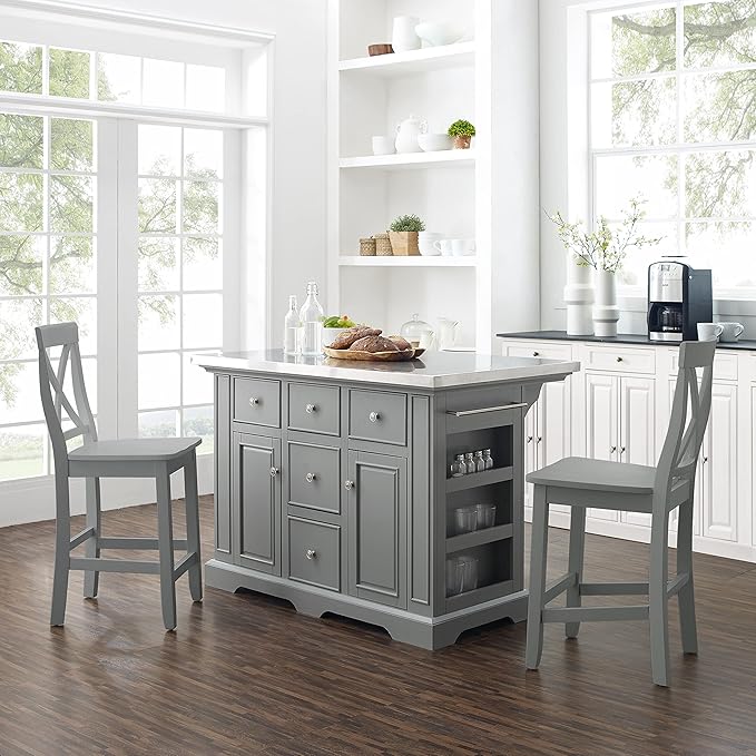 Crosley Furniture Julia Stainless Steel Top Island with Storage, Coffee Bar, and a Set of 2 X-Back Stools, Gray