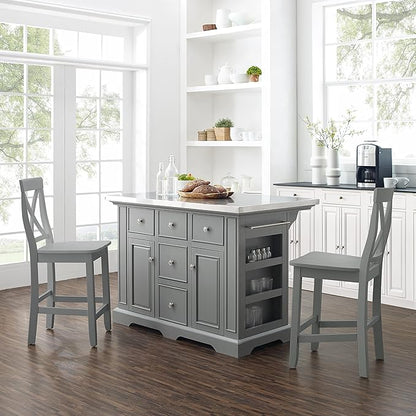 Crosley Furniture Julia Stainless Steel Top Island with Storage, Coffee Bar, and a Set of 2 X-Back Stools, Gray