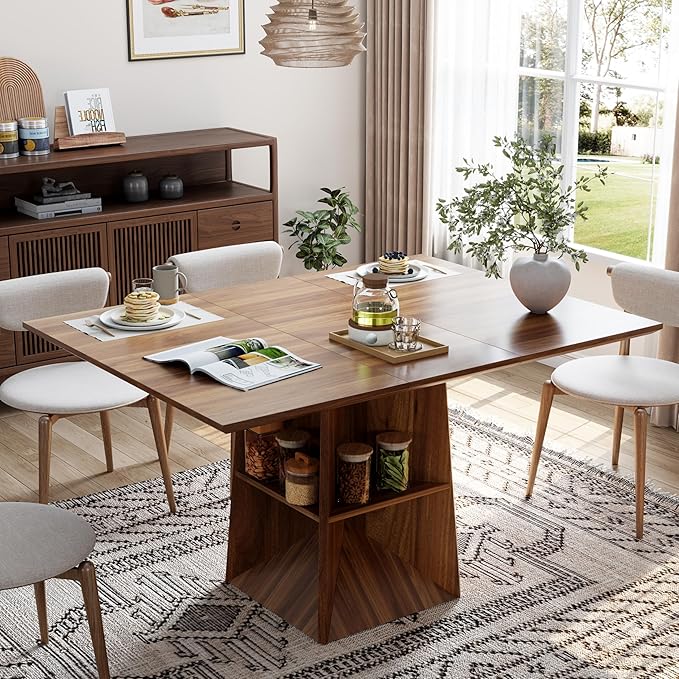 40"-54" Square Extendable Dining Table for 4/6/8, Modern Kitchen Table with Storage Shelf & Foot Support, Wood Dining Table for Living Room, Kitchen, Space Saving, Walnut
