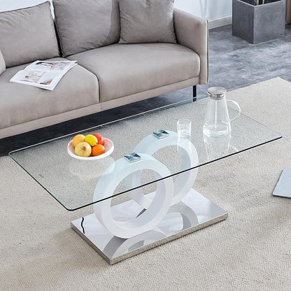 Glass Coffee Table for Living Room, 47" Modern Rectangle Coffee Tables with Tempered Glass Top and Unique Wooden Base, Clear Center Table for Living Room, Apartment, Office