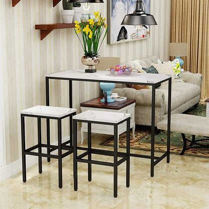 Aklaus Bar Table Set,44" White Faux Marble Top Bar Table and Chairs Set,Counter Height Bartable with 2 Bar Stools,3 Piece Kitchen Breakfast Table for Living Room Dining Room Apartment