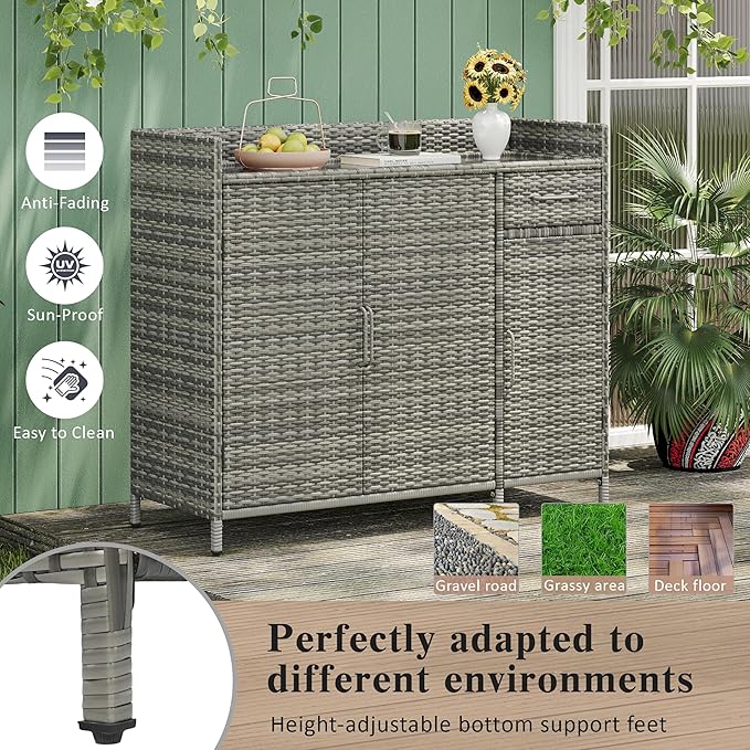 47.5 Inch Outdoor Storage Cabinet Wicker Buffet Table Patio Sideboard Tempered Glass Top Adjustable Shelves 3 Door Rattan Kitchen Island Drawer Dining Serving Console Metal Frame Grey