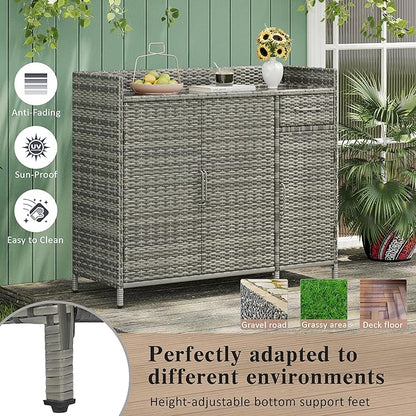 47.5 Inch Outdoor Storage Cabinet Wicker Buffet Table Patio Sideboard Tempered Glass Top Adjustable Shelves 3 Door Rattan Kitchen Island Drawer Dining Serving Console Metal Frame Grey