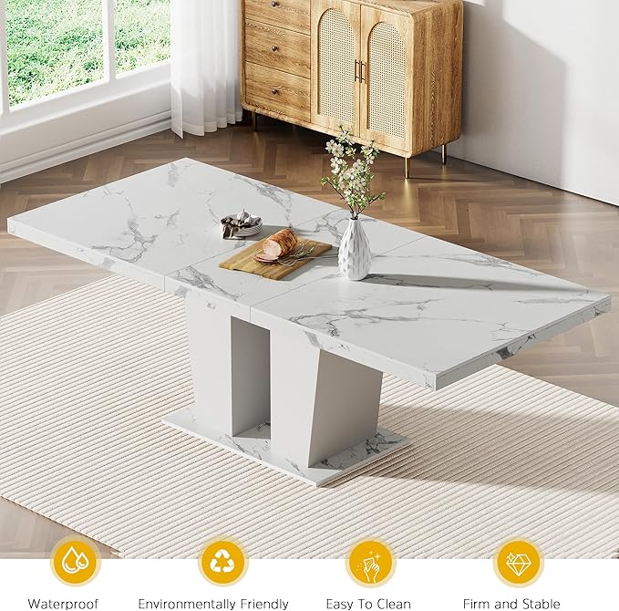 78.74" Extendable Dining Table for 6 8 10 Person, Modern White Faux Marble Expandable Kitchen Table with Dual Column Pedestal, Large Rectangle Wooden Expanding Table for Kitchen Dining Conference Room