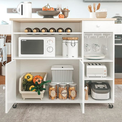 IRONCK Rolling Kitchen Island Cart with Drop-Leaf and Wine Rack, Microwave Rack Serving Cart on Wheels with Drawer & Shelves & Spice Rack & Cup Hanging, White