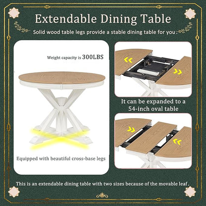 Ball & Cast Farmhouse Extendable Dining Table for 4-6, 42"-54" Extendable Kitchen-Table with a 12" Leaf, Round Ellipse Retro Wood Dining Room-Table w/Removable Leaves,Space Saving, Oak+Off White