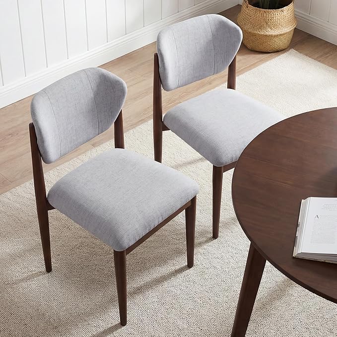 Casaphoria Dining Chairs Set of 2, Solid Walnut Wood Legs Upholstered Kitchen Chairs, Mid Century Modern Ergonomic Curved Back Accent Chair for Dining Room, Home Office and Vanity, Gray