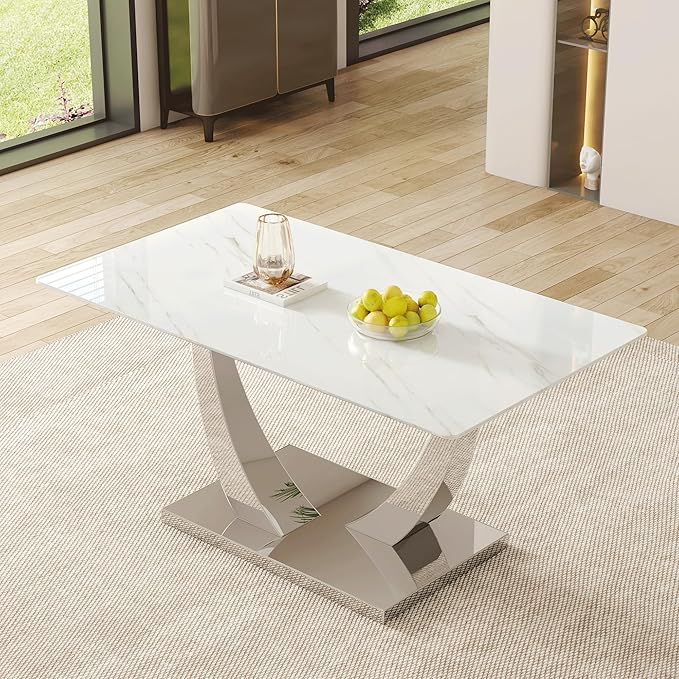 AZmac 63'' White Dining Table, Faux Marble Dining Room Table for 4-6, Tempered Glass Dinner Table with Silver Chrome U Shaped Legs for Kitchen Dining Room