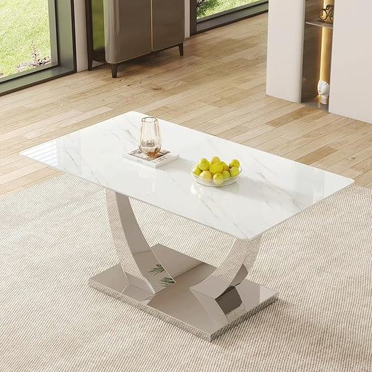 AZmac 63'' White Dining Table, Faux Marble Dining Room Table for 4-6, Tempered Glass Dinner Table with Silver Chrome U Shaped Legs for Kitchen Dining Room