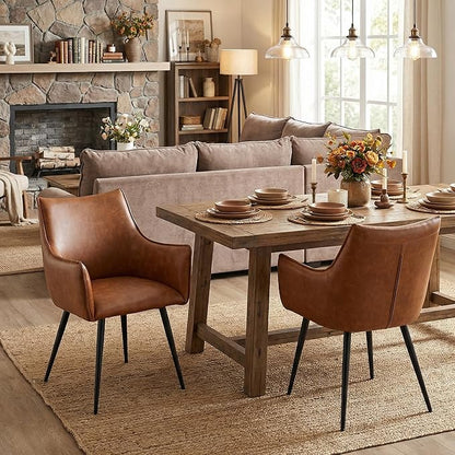 Brown PU Leather Chair, Upholstered Dining Room Chairs with Arms Set of 4 Mid Century Modern Kitchen Chair with Black Metal Legs Comfy Desk Armchair for Restaurant