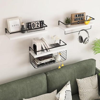 White Wood Floating Shelves Wall Mounted - 3+1 Tier Rustic Bathroom Wall Shelves Over Toilet with Wire Storage Basket & Towel Bar, set of 3 Farmhouse Floating Shelf for Bathroom,Kitchen,Bedroom