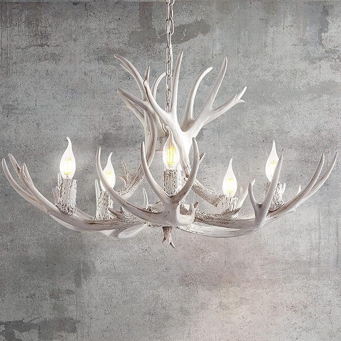 JONATHAN Y 30" White Rustic Resin Antler 5-Light LED Chandelier, Farmhouse Faux Deer Horn Hanging Ceiling Light for Dining Room, Kitchen Island, Adjustable Light Fixture (JYL6300B)