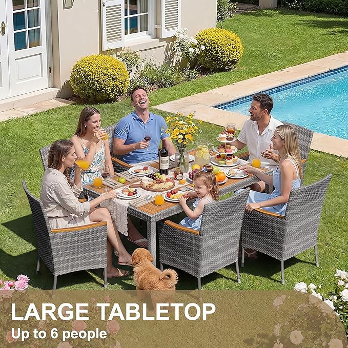 Devoko Dining 7 PCS Furniture, Patio Conversation Set with Acacia Wood Table Top, Outdoor, Beige Cushion and Grey Rattan