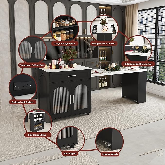 SOFTSEA Extendable Dining Table with Drawer & Shelves, 31.5" to 80" Mobile Kitchen Island Table with USB Ports, Foldable Kitchen Cabinet with Faux Mable Top for Dining Room, Black