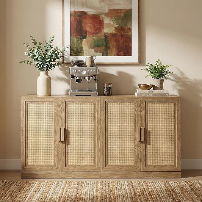 Casaphoria Adam Sideboard Buffet Cabinet with Storage, Sideboard Cabinet with Rattan Doors & Adjustable Shelves, 62" W x 31" H Coffee Bar for Entryway Kitchen Living Room, Oak