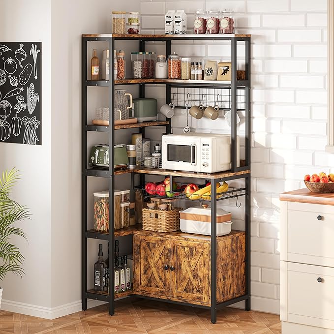 IRONCK Corner Bakers Rack with Power Outlet, Coffee Bar 6 Tier with Storage Cabinet, Vintage Industrial Microwave Stand with 6 Hooks, Kitchen Shelves with Wire Basket, Rustic Brown