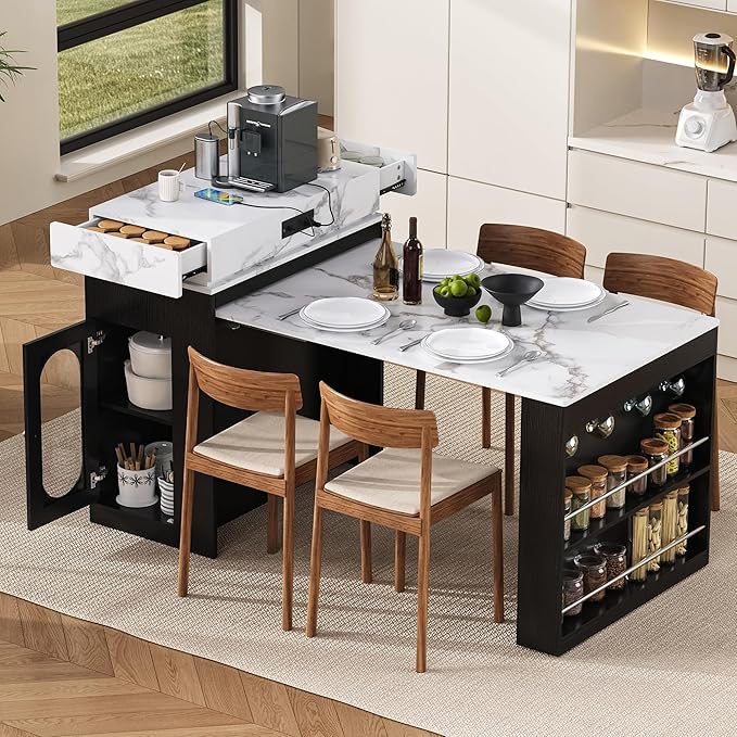 Kitchen Islands with Extendable Dining Table, Wheels and Hooks, Sideboard, Island Table with Double-Side Storage for Kitchen and Dining Room (Black+Marble White)