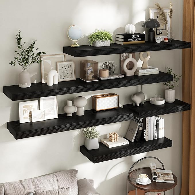 Marsmiles 12" Deep Floating Shelves for Wall with Invisible Brackets, Wall Mounted Engineered Wood Shelves with Wood Grain for Living Room, Bedroom, Kitchen Decor and Storage, 36" L Set of 1, Black
