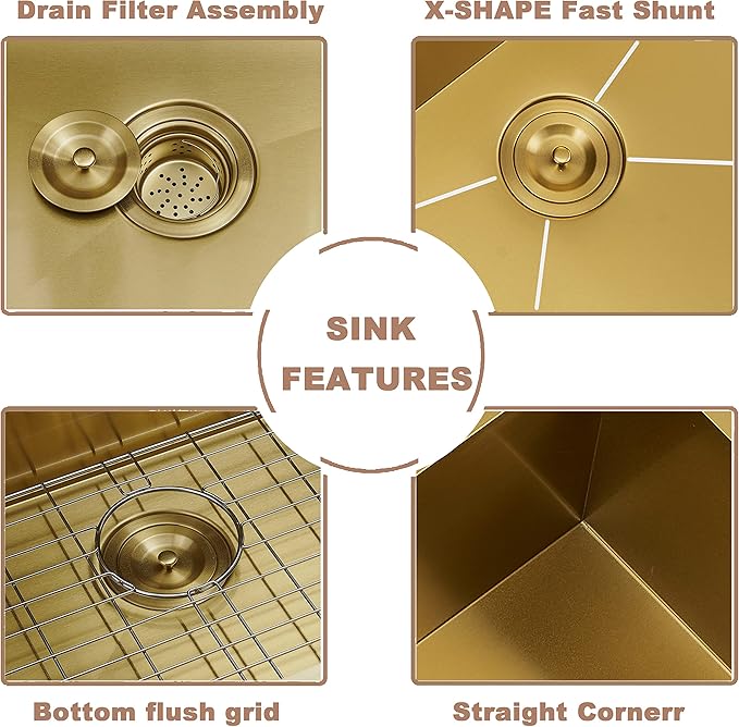 HOTIS Gold Farmhouse Sink, 30 Inch Gold Kitchen Sink, Flat Apron-Front Undermount Drop In Farm Sinks, Stainless Steel Single Bowl Handmade Farmhouse Kitchen Sinks With Accessories