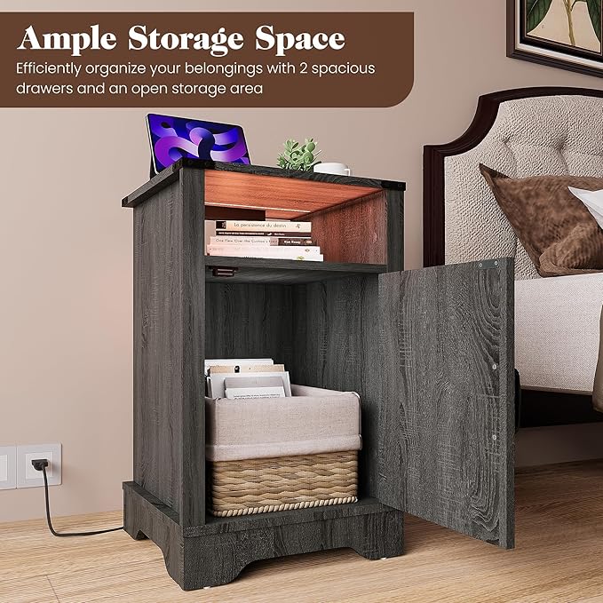RoyalCraft 25" Tall Nightstands Set of 2, Farmhouse LED Nightstand with Charging Station, Wood End Table with Storage, Bedside Table for Bedroom, Dark Grey