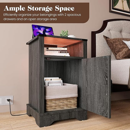 RoyalCraft 25" Tall LED Nightstand with Charging Station, Farmhouse Nightstand with Led Lights, Wooden Rustic Side Table for Bedroom, Dark Grey End Table with Storage