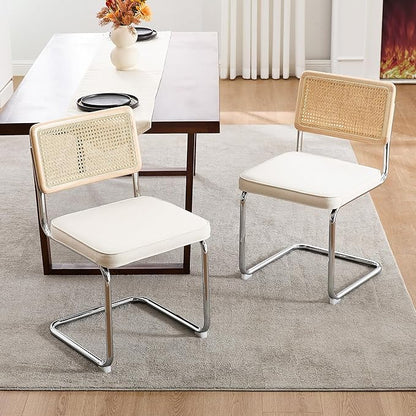 Zesthouse Rattan Dining Chairs Set of 6, Mid Century Modern Dining Room Chairs with Natural Cane Mesh & Chrome Base, White Cesca Chair Linen Fabric, Farmhouse Kitchen Chair with Solid Wood Frame Back