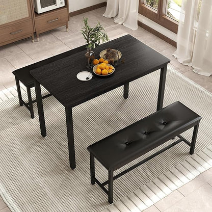 Dining Table Set for 4, Wood Kitchen Table & Chair with 2 Upholstered Benches for Breakfast Nook and Small Space, Black