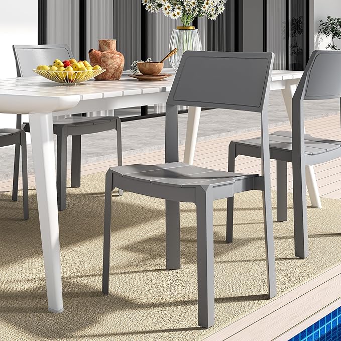 VECELO 4 Pack Plastic Dining Chairs, Stackable Patio Chairs for Indoor Outdoor Use in Kitchen, Poolside, No Assembly Required, Grey
