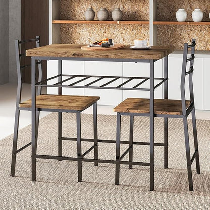 Fenbeli 3 Piece Dining Table Set - Small Kitchen Table & Chair Sets for 2, Breakfast Table Set w/Steel Frame, Built-in Storage Rack for Dining Room, Living Room, Apartment (Brown, Small)