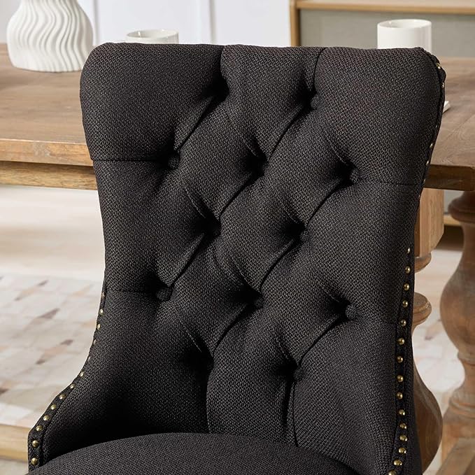 Ball & Cast Contemporary Upholstered Dining Chairs Set of 2, Flax Button Tufted Kitchen Side-Chairs with Hang Ring & Nailhead Trims & Wood Legs, 2-Piece Backrest Traditional Chair, Black+Black