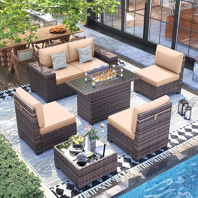 UDPATIO Patio Furniture Set with Fire Pit Table, 8 Inch Armrest 7 Piece Outdoor Sectional Sofas, All-Weather Wicker Conversation for Garden, Backyard, Brown/Khaki