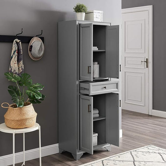 Crosley Furniture Tara Pantry Storage Cabinet with Shelves, Kitchen, Dining, or Laundry Room, Distressed Gray