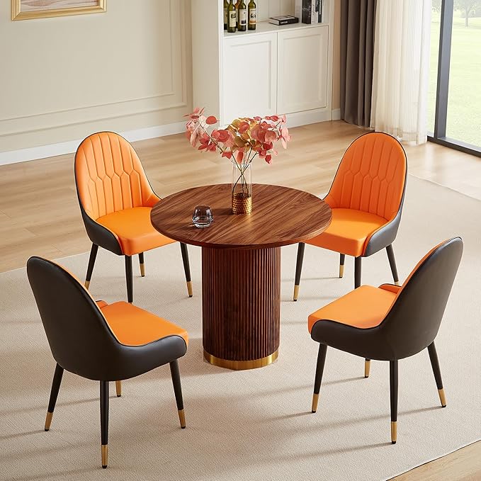 AF ARTISAN FURNITURE Modern Farmhouse Dining Table Set, 35.04" Round Table with 4 Leather Chairs, Wood & Gold Stainless Steel Base, Brown