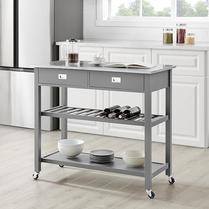 Crosley Furniture Chloe Stainless Steel Top Rolling Kitchen Island Storage Cart, Microwave Stand, Wine Rack, Gray