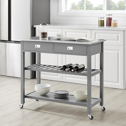 Crosley Furniture Chloe Stainless Steel Top Rolling Kitchen Island Storage Cart, Microwave Stand, Wine Rack, Gray