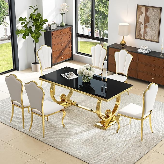 7-Piece Modern Luxury Dining Table Set, 70" Black Tempered Glass Kitchen Table with Gold Polished Stainless Steel U-Shaped Pedestal Base and 6 White Upholstered High-Back Side Chairs for Dining Room