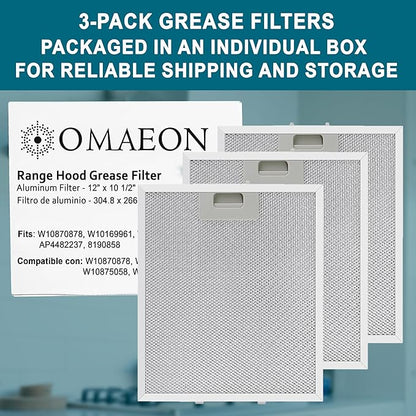 W10169961A Range Hood Grease Filter – 5-Layer Aluminum Mesh Vent Hood Filter, 10.5" x 12", Fits Whirlpool Range Hood, KitchenAid, Jenn-Air – Replacement for W10875058, W11245983 (3-Pack)