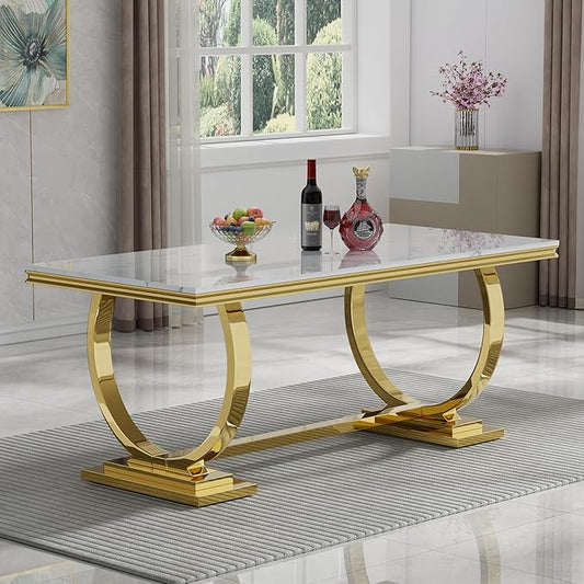 68" White Gold Marble Dining Table, Modern Kitchen Table with 0.79" Faux Marble Tabletop and Mirrored Stainless Steel Frame, Luxurious Rectangular Dining Room Table for Kitchen(No Chairs)