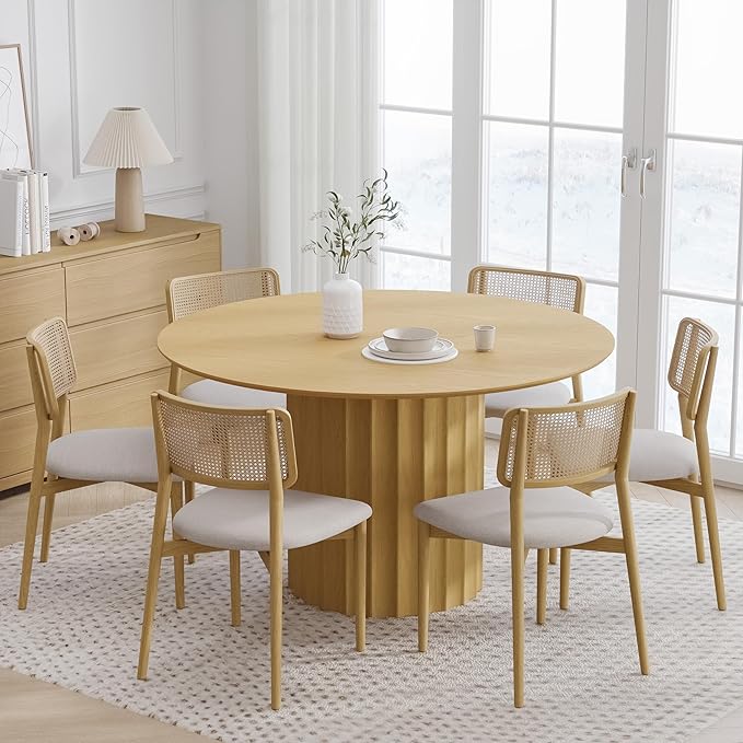 Casaphoria 52" Round Dining Table, Modern Wood Kitchen Table with Cylindrical Wide Bar Concave Base for Living Room & Dining Room, Easy Assembly Farmhouse Furniture for 4-6, Oak