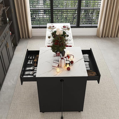 80" Expandable Kitchen Island with Dining Table, Marble Countertop & Power Outlet, Mobile Storage Cart with Cabinet & 2 Drawers, Black Kitchen Prep Table