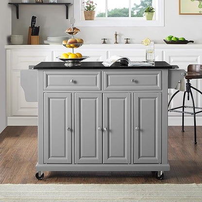 Crosley Furniture Full Size Granite Top Rolling Kitchen Island Storage Cart, Microwave Stand, Spice Rack, Gray